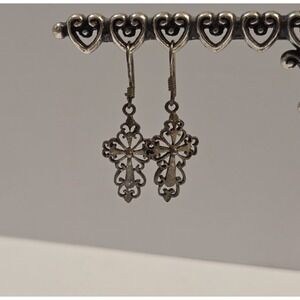 Vintage Sterling Silver Gothic Cross‎ Dangle Earrings 925